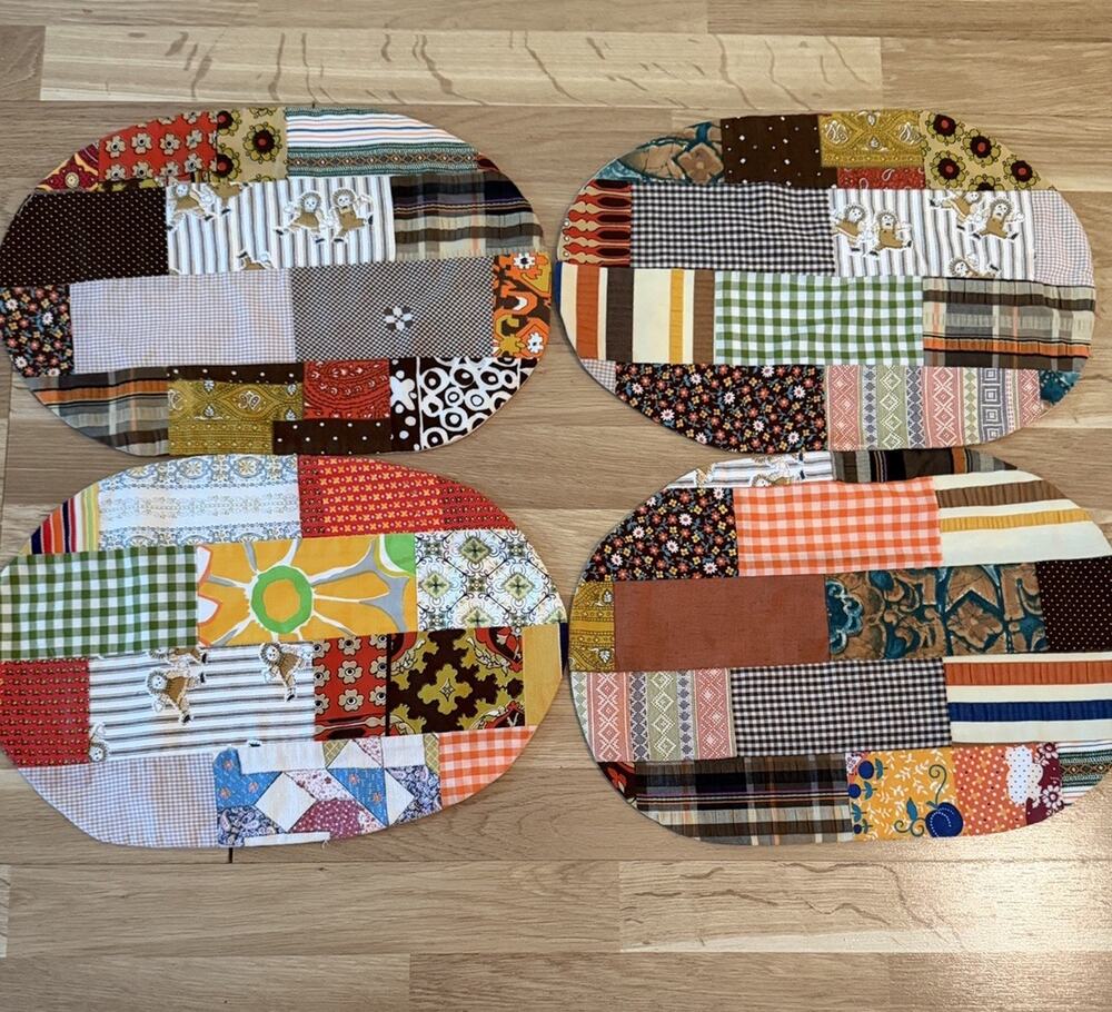 Set Of 4 Vintage Quilted Handmade 70s Patchwork Raggedy Ann Placemats Set OOAK